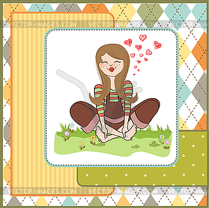 Romantic girl sitting barefoot in grass - vector clipart