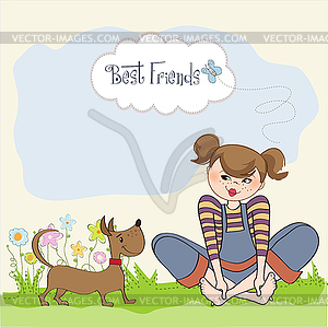 Romantic girl sitting barefoot in grass with her - vector clipart