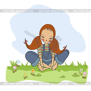 Romantic girl sitting barefoot in grass - vector image