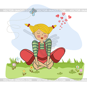 Romantic girl sitting barefoot in grass - vector clipart