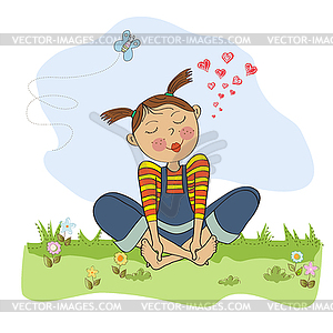 Romantic girl sitting barefoot in grass - vector image