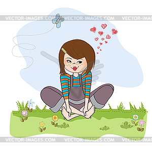 Romantic girl sitting barefoot in grass - vector EPS clipart