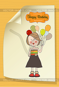 Funny girl with balloon, birthday greeting card - vector clip art