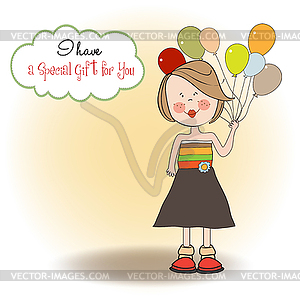 Funny girl with balloon, birthday greeting card - vector image