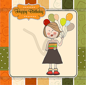 Funny girl with balloon, birthday greeting card - vector clip art