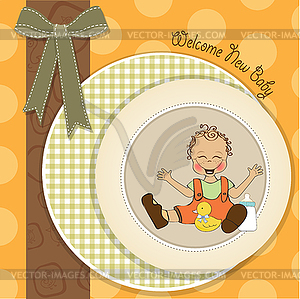 Baby boy playing with his duck toy, welcome baby - vector clipart