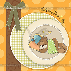 Baby shower card with sleeping teddy bear - vector image