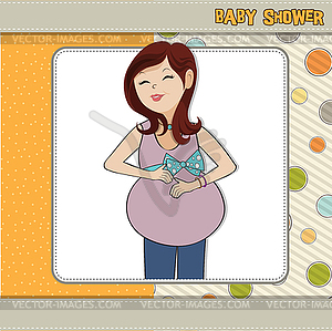 Счастливый беременная женщина, открытка на празднование появления ребенка - векторный клипарт / векторное изображение