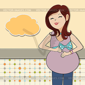 Happy pregnant woman, baby shower card - vector image