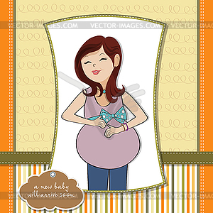 Happy pregnant woman, baby shower card - vector image