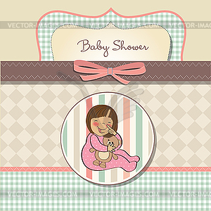 Little baby girl with her teddy bear toy - color vector clipart