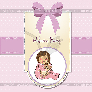 Little baby girl with her teddy bear toy - vector clipart