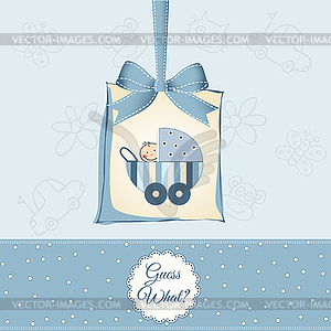 Baby boy announcement card with baby and pram - vector EPS clipart