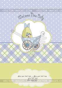 Baby boy shower card with stroller - vector EPS clipart