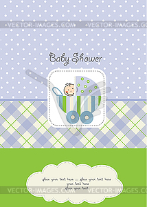 Baby boy announcement card with baby and pram - vector image