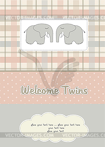 Twins baby shower card with two elephants - vector clip art