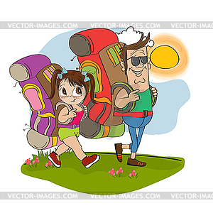 Father and daughter tourist traveling with backpacks - vector image
