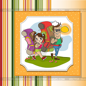 Father and daughter tourist traveling with backpacks - stock vector clipart