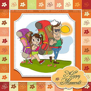 Father and daughter tourist traveling with backpacks - vector image