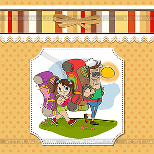 Father and daughter tourist traveling with backpacks - vector clipart