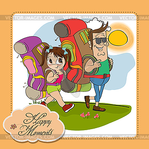 Father and daughter tourist traveling with backpacks - vector clip art
