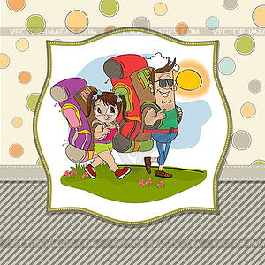 Father and daughter tourist traveling with backpacks - vector clipart