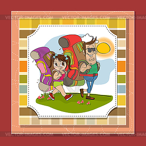 Father and daughter tourist traveling with backpacks - vector image