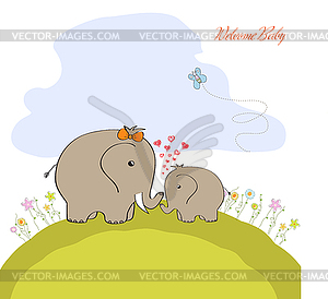 Baby shower card with baby elephant and his mother - vector image