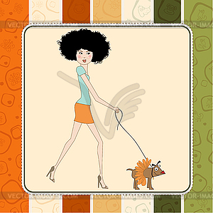 Pretty young lady with her dog dressed - vector clip art