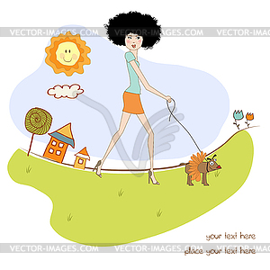Pretty young lady with her dog dressed - vector clipart