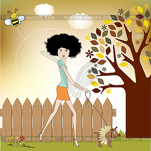 Pretty young lady with her dog dressed - vector EPS clipart