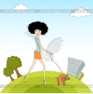 Pretty young lady with her dog dressed - vector clipart