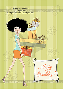 Birthday card - pretty young lady with arms full - vector clipart