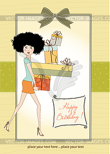 Birthday card - pretty young lady with arms full - vector clipart