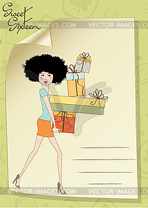 Birthday card - pretty young lady with arms full - vector image