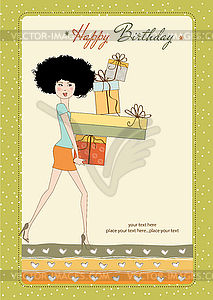 Birthday card - pretty young lady with arms full - vector clipart