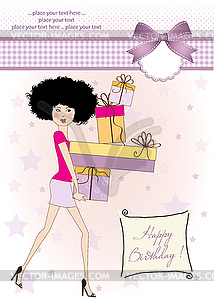 Birthday card - pretty young lady with arms full - vector image