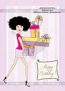 Birthday card - pretty young lady with arms full - vector image