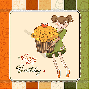 Happy Birthday card with girl and cup cake - vector EPS clipart