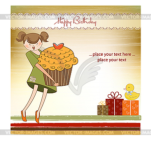 Happy Birthday card with girl and cup cake - stock vector clipart