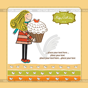 Happy Birthday card with girl and cup cake - vector image