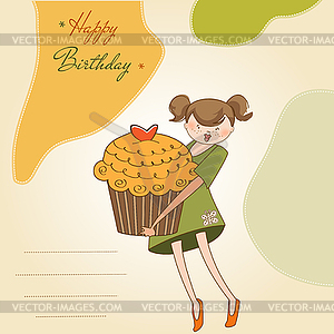 Happy Birthday card with girl and cup cake - vector image