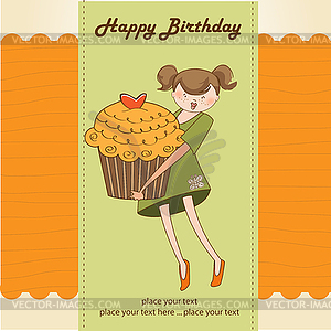 Happy Birthday card with girl and cup cake - vector clip art