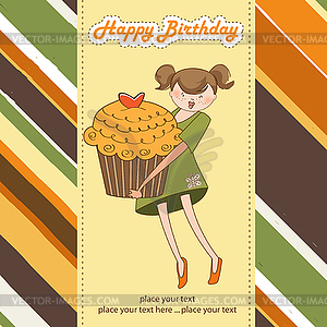 Happy Birthday card with girl and cup cake - vector clipart