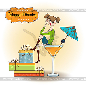 Attractive young girl sitting on edge of glass. - vector clip art