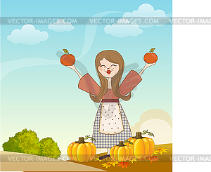 Autumn girl with apples and pumpkins - vector image