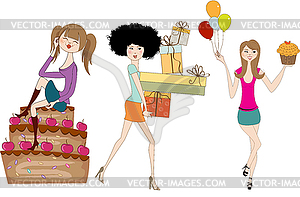 Set of three young girls at birthday party bac - vector image
