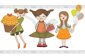 Set of three young girls with gifts - vector clipart