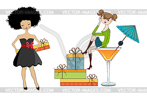 Set of two happy young girls with gifts - vector clipart