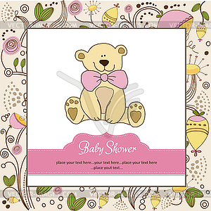 Baby shower card with teddy bear toy - vector image